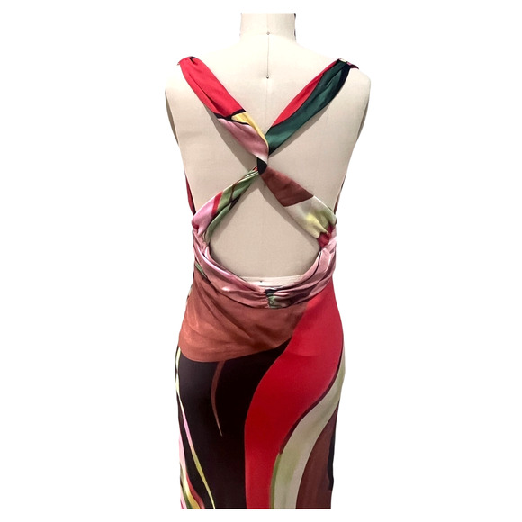 VTG Y2K Akira Satin Multi color Halter Dress Long flowy Size Medium - Picture 7 of 10
